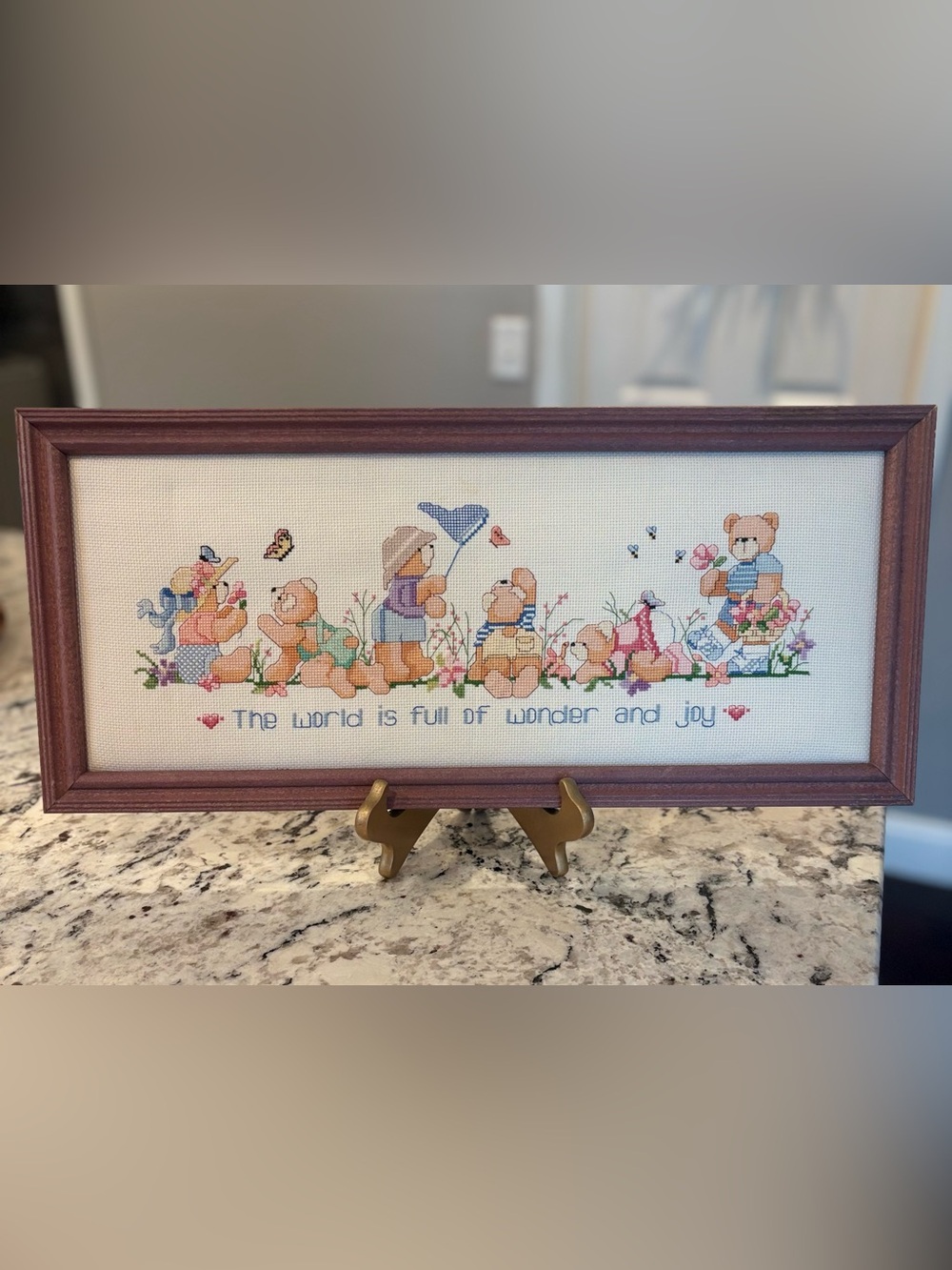 Framed Teddy Bear Cross Stitch “The World Is Full of Wonder and Joy” Wall Art